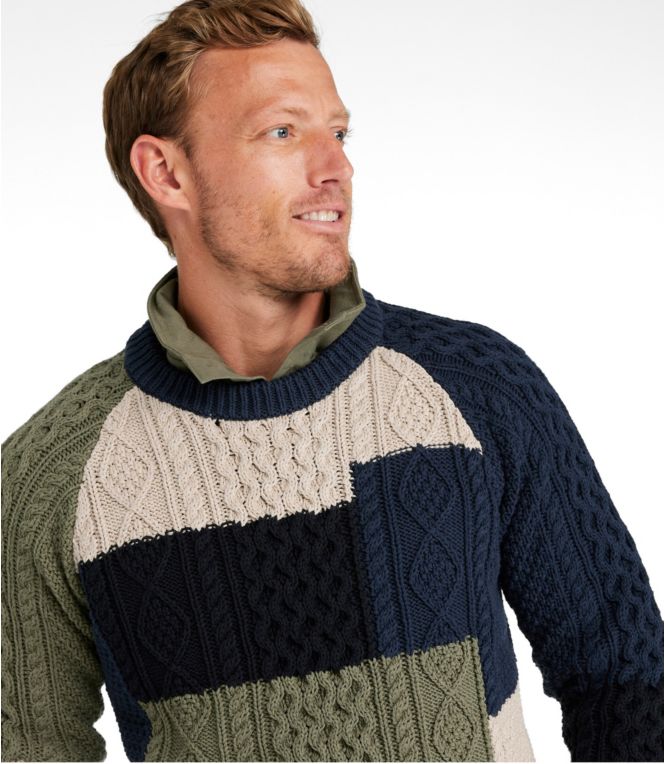 Men's Signature Cotton Fisherman Sweater, Crewneck, Colorblock