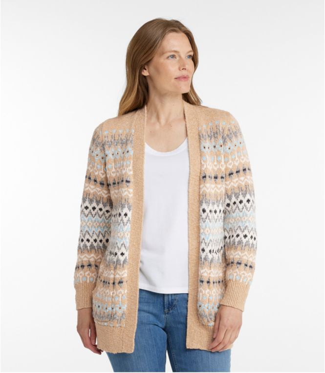Women's Cotton Ragg Sweater, Open Cardigan Fair Isle