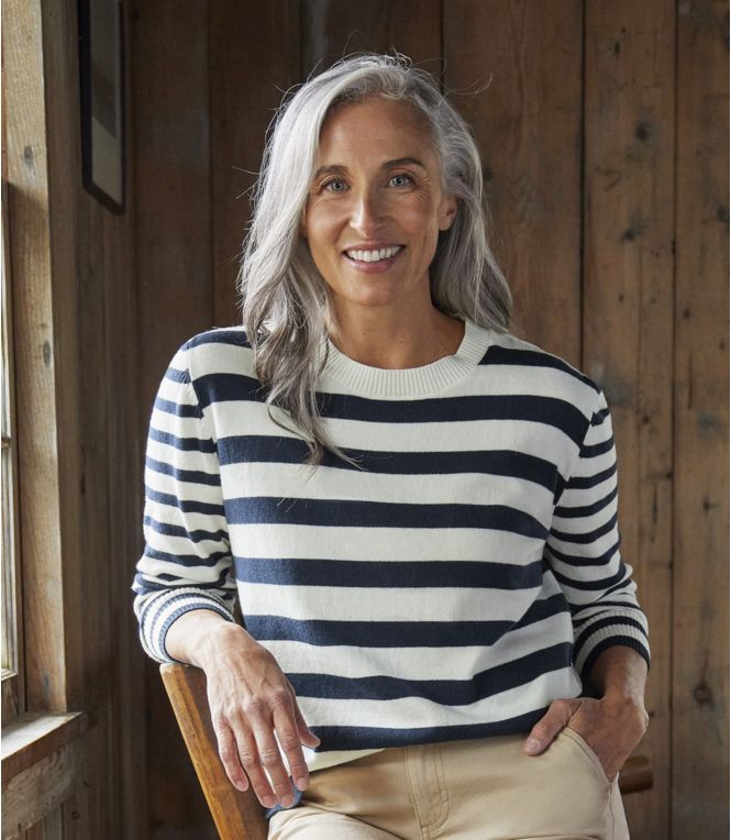 Women's Cotton/Cashmere Sweater, Crewneck Stripe