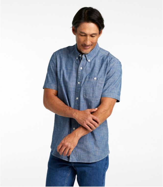 Men's Comfort Stretch Chambray Shirt, Slightly Fitted Untucked Fit, Short-Sleeve