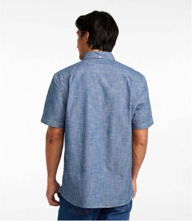 Men's Comfort Stretch Chambray Shirt, Slightly Fitted Untucked Fit, Short-Sleeve