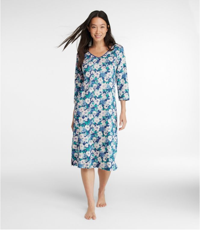 Women's Supima Nightgown, V-Neck Three-Quarter-Sleeve, Print