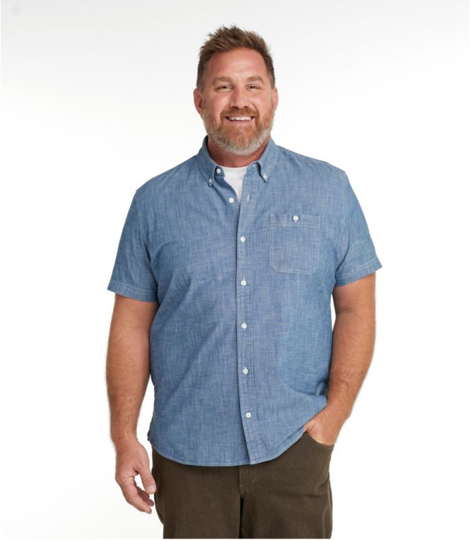 Men's Comfort Stretch Chambray Shirt, Slightly Fitted Untucked Fit, Short-Sleeve