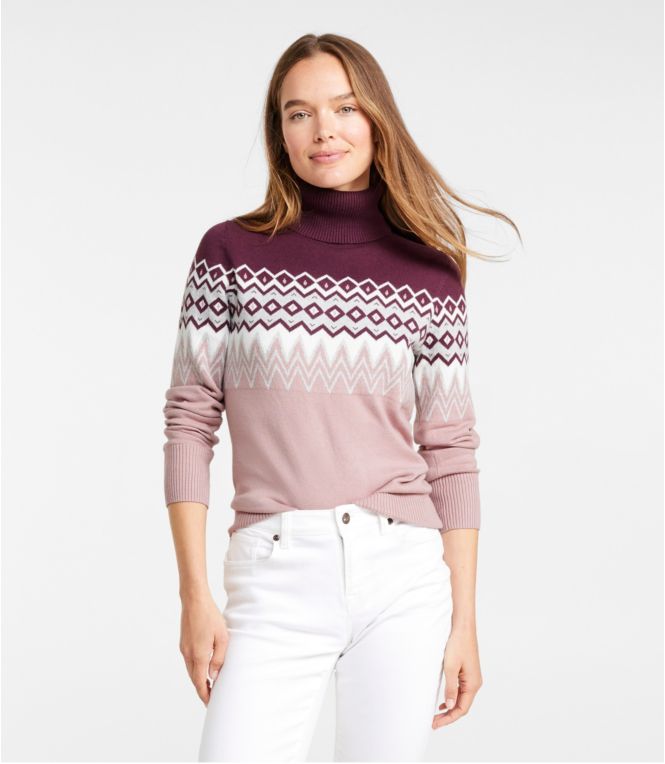 Women's Cotton/Cashmere Sweater, Turtleneck Intarsia